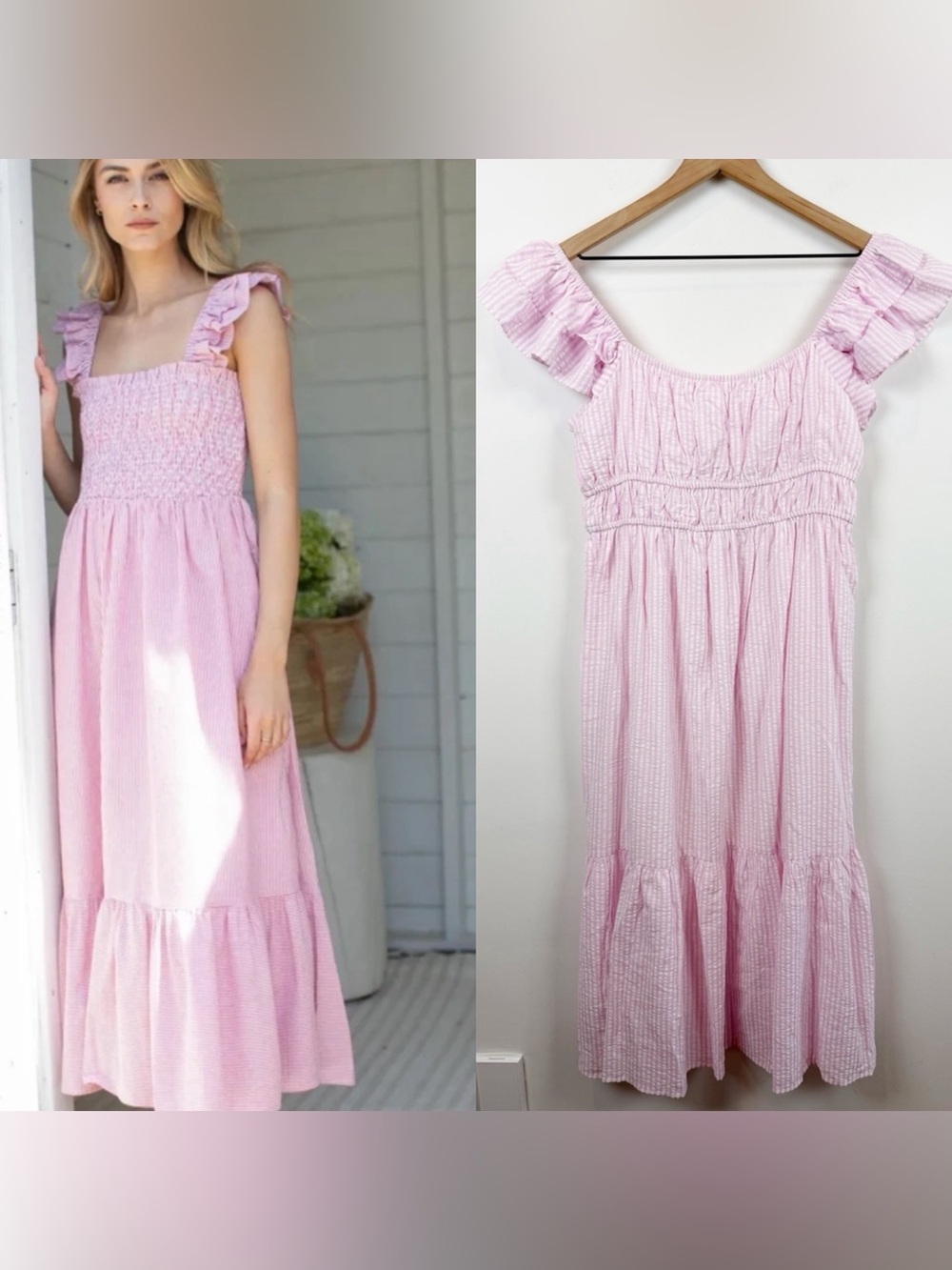 Altar’d  State Pink and White Seersucker Ruffle Sleeve Tiered Maxi Summer Dress